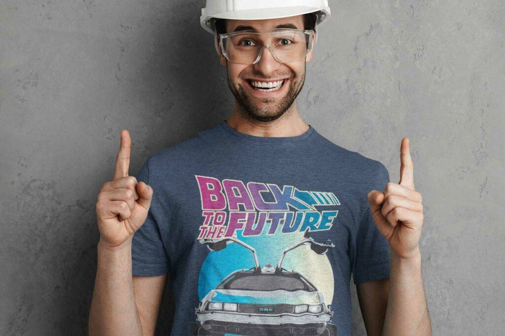 Back To The Future contractor wearing shirt